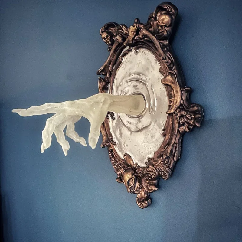 New Halloween Ghost in The Mirror Wall Sculpture Horror Devil's Hand Luminous Resin for Crafts Statue Creative Home Photo Frame - Image 7