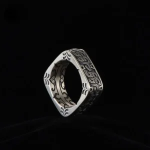 HX Silver Color Men's Ring Retro Square Round Pangu Trend Personality Domineering Handmade Ring Jewelry Accessories